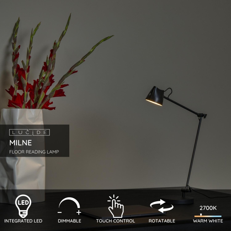 Lucide MILNE - Floor reading lamp - LED Dim. - 1x8W 2700K - Black